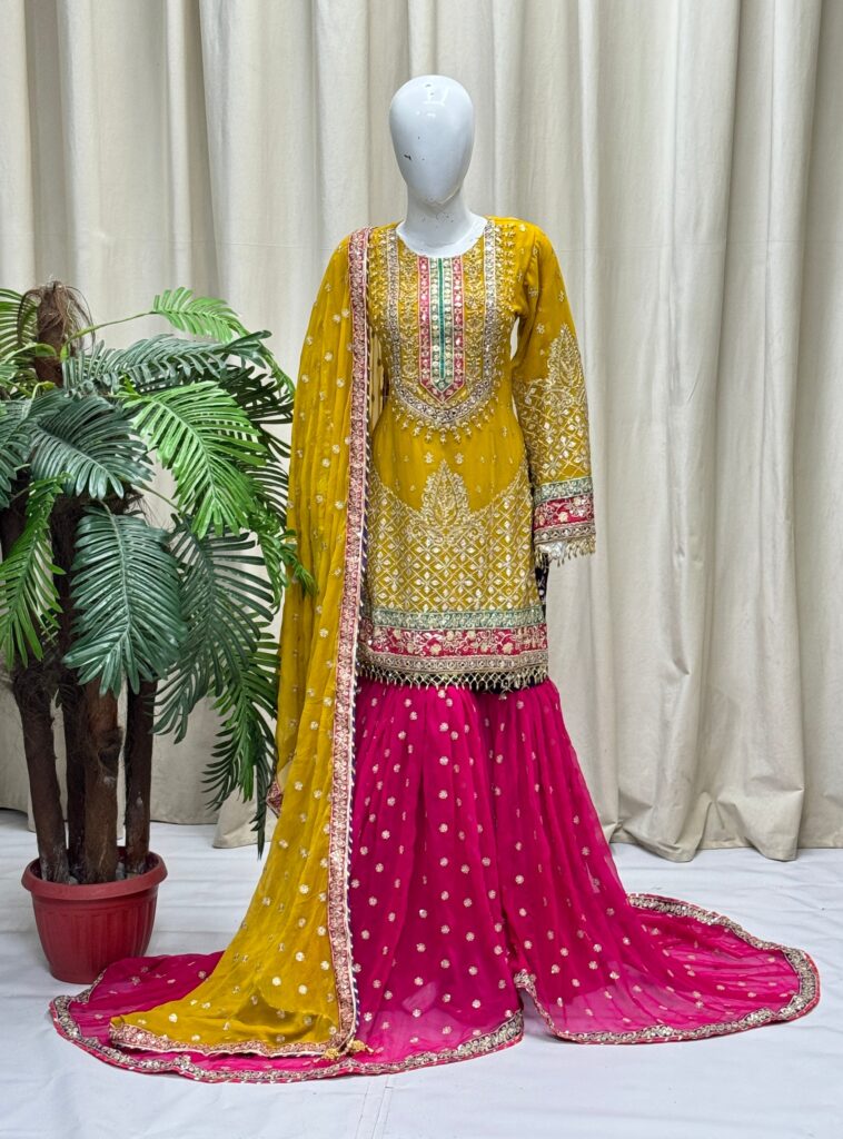 Mustard color woman party wear dress with sharara